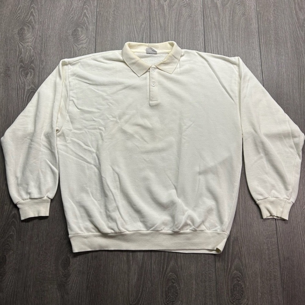 Vintage Blank Polo Collar Sweatshirt Mens Large Cream Long Sleeve Pullover